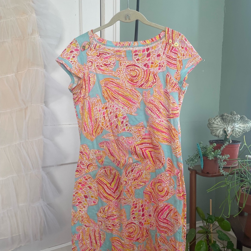 Lilly Pulitzer Aqua and Pink Patterned Midi Dress